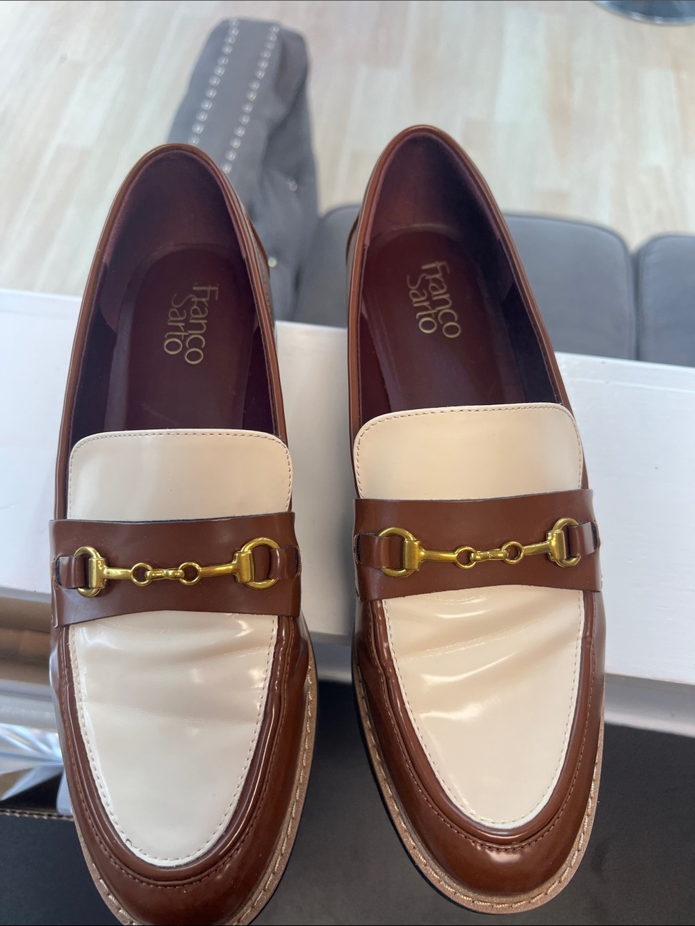 Franco Sarto women 10 Two-Tone Brown & Cream Leather Loafers